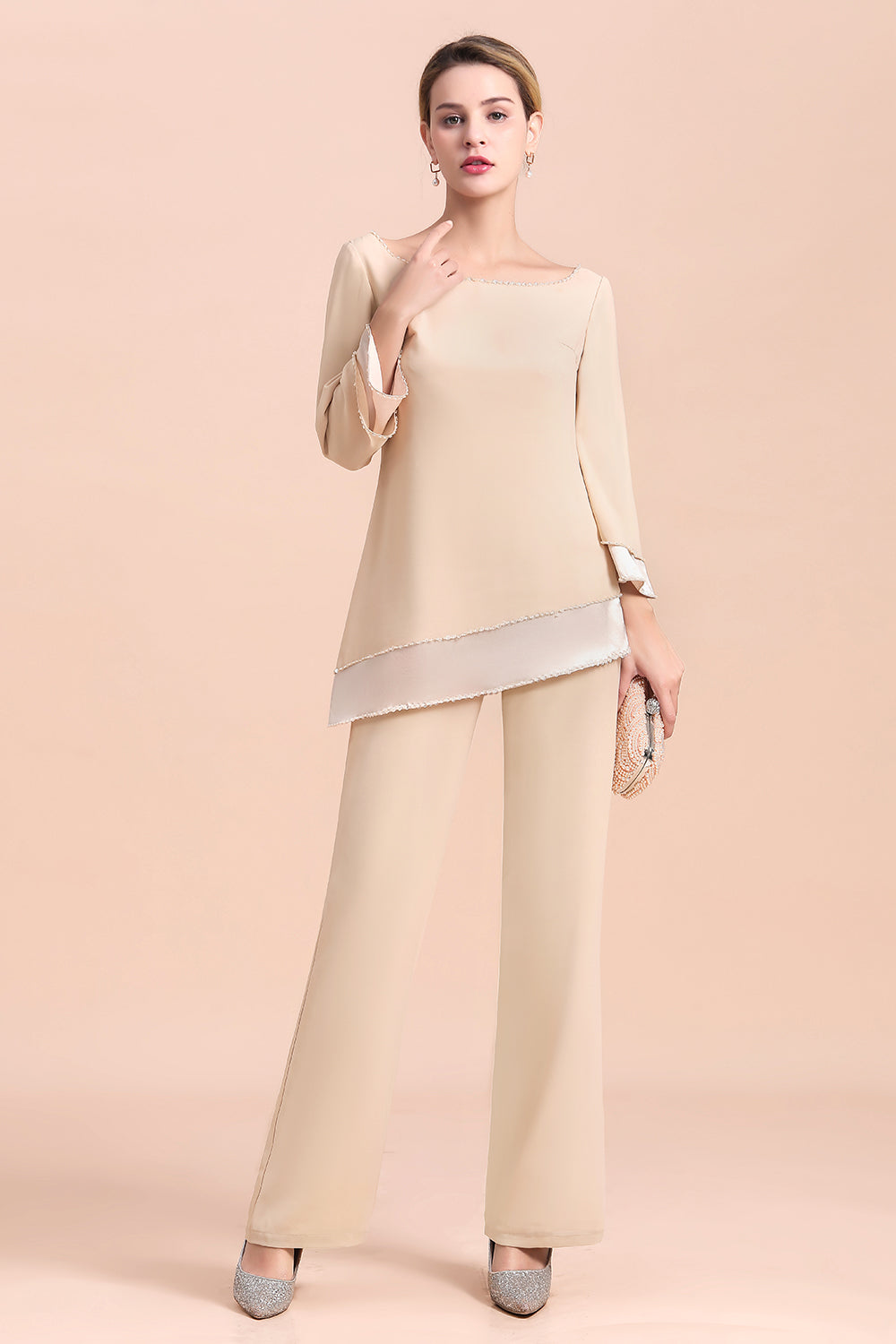 Long Sleeve Champagne Mother Of The Bride Dress Chiffon Jumpsuit Yesbabyonline