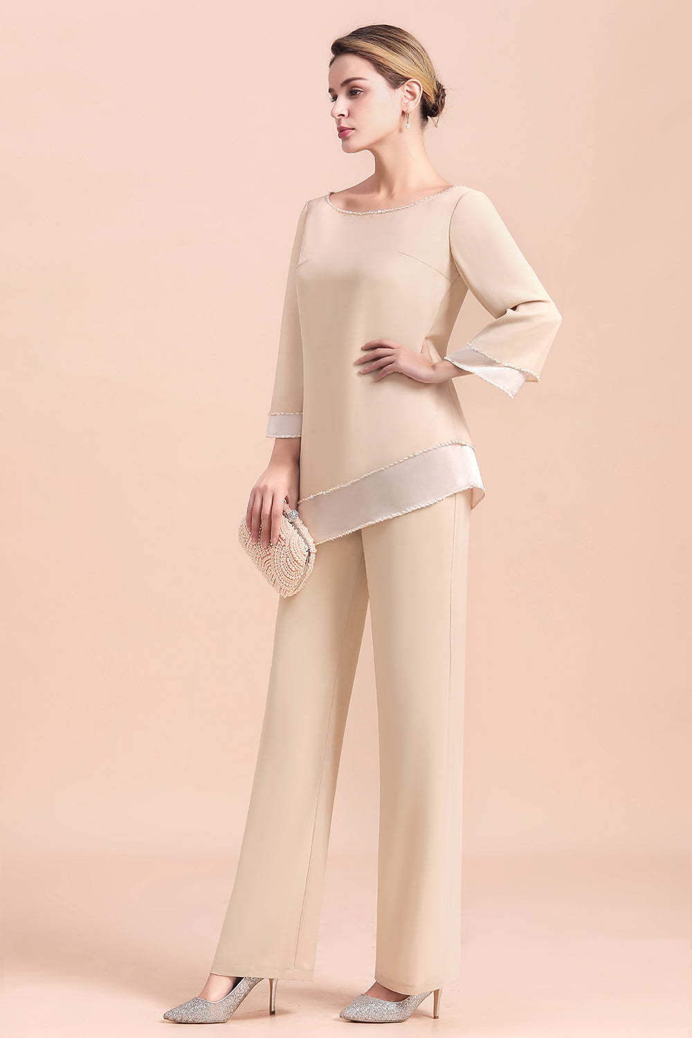 Long Sleeve Champagne Mother Of The Bride Dress Chiffon Jumpsuit Yesbabyonline