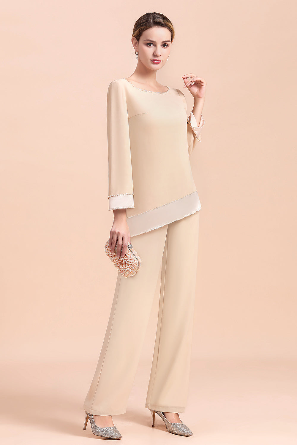 Long Sleeve Champagne Mother Of The Bride Dress Chiffon Jumpsuit Yesbabyonline