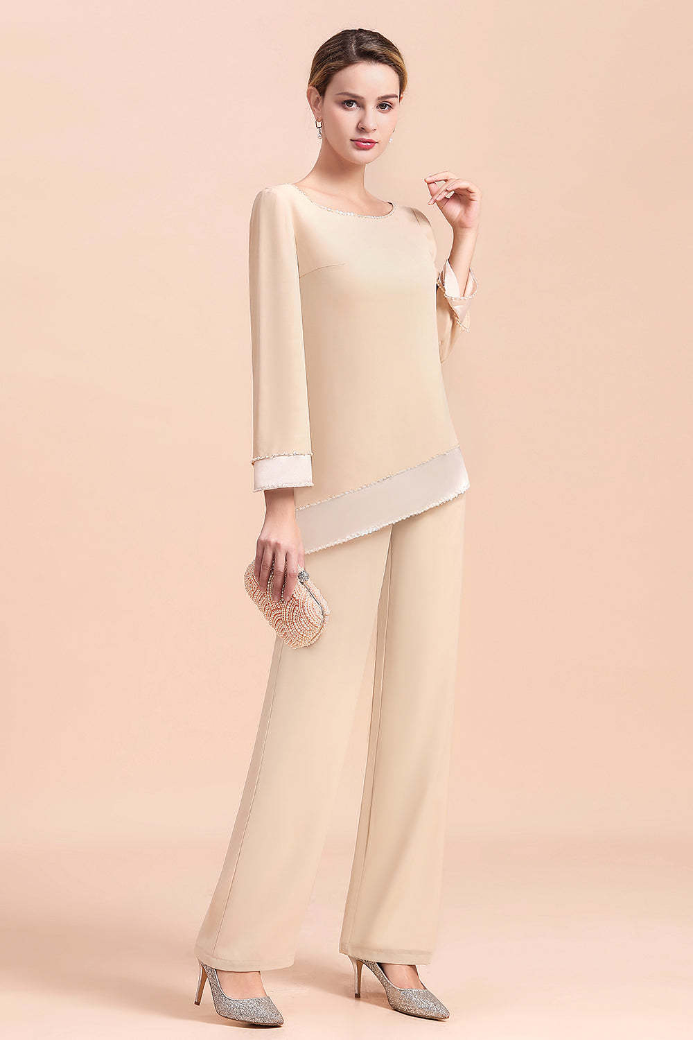 Long Sleeve Champagne Mother Of The Bride Dress Chiffon Jumpsuit Yesbabyonline