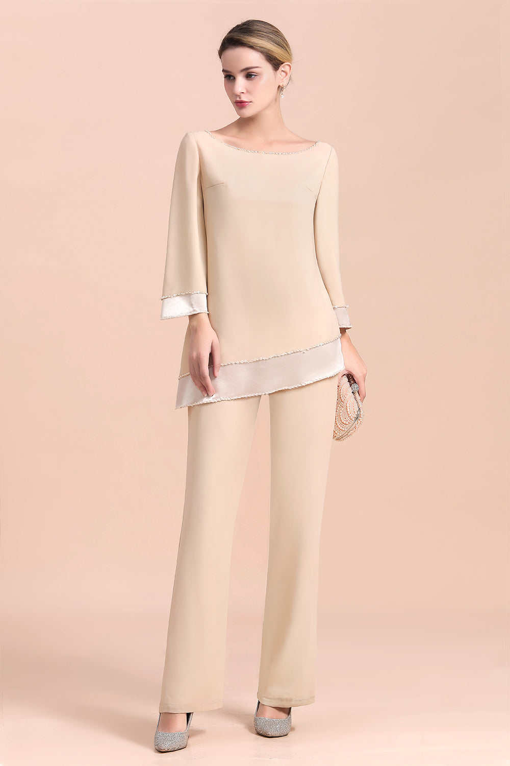Long Sleeve Champagne Mother Of The Bride Dress Chiffon Jumpsuit Yesbabyonline