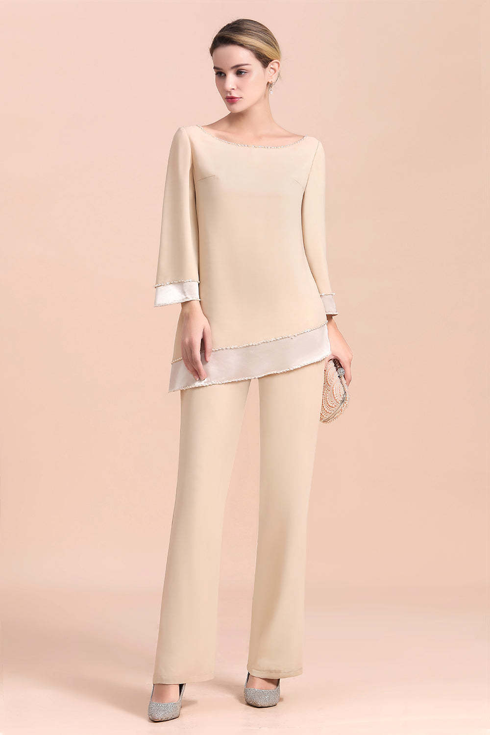 Long Sleeve Champagne Mother Of The Bride Dress Chiffon Jumpsuit Yesbabyonline
