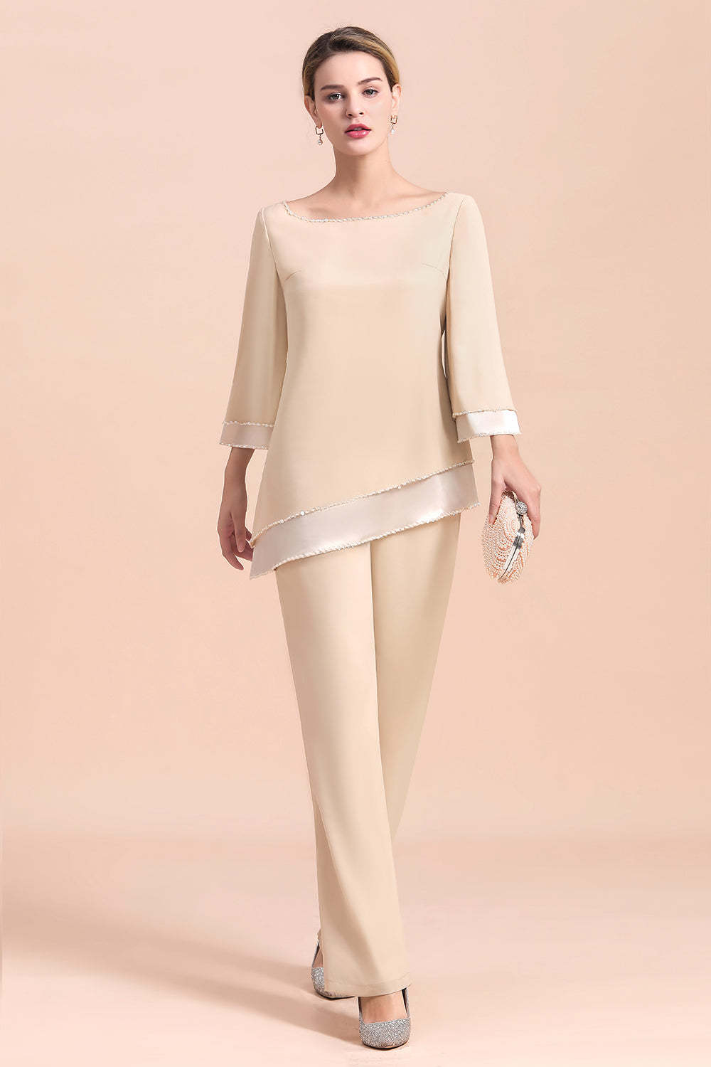Long Sleeve Champagne Mother Of The Bride Dress Chiffon Jumpsuit Yesbabyonline
