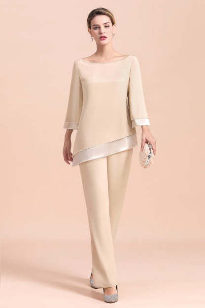 Long Sleeve Champagne Mother Of The Bride Dress Chiffon Jumpsuit Yesbabyonline
