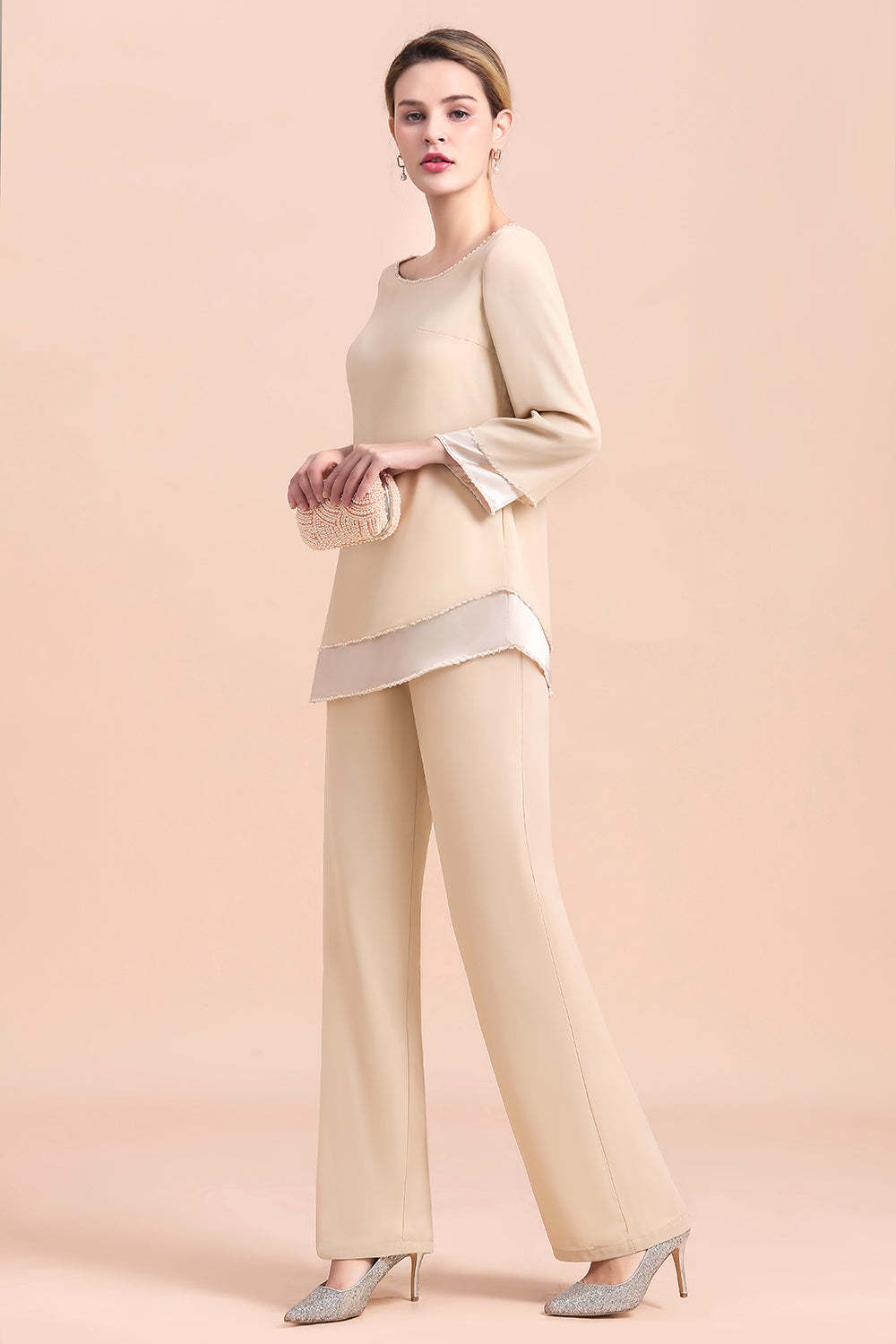 Long Sleeve Champagne Mother Of The Bride Dress Chiffon Jumpsuit Yesbabyonline