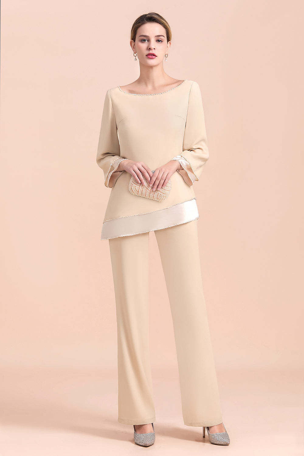 Long Sleeve Champagne Mother Of The Bride Dress Chiffon Jumpsuit Yesbabyonline