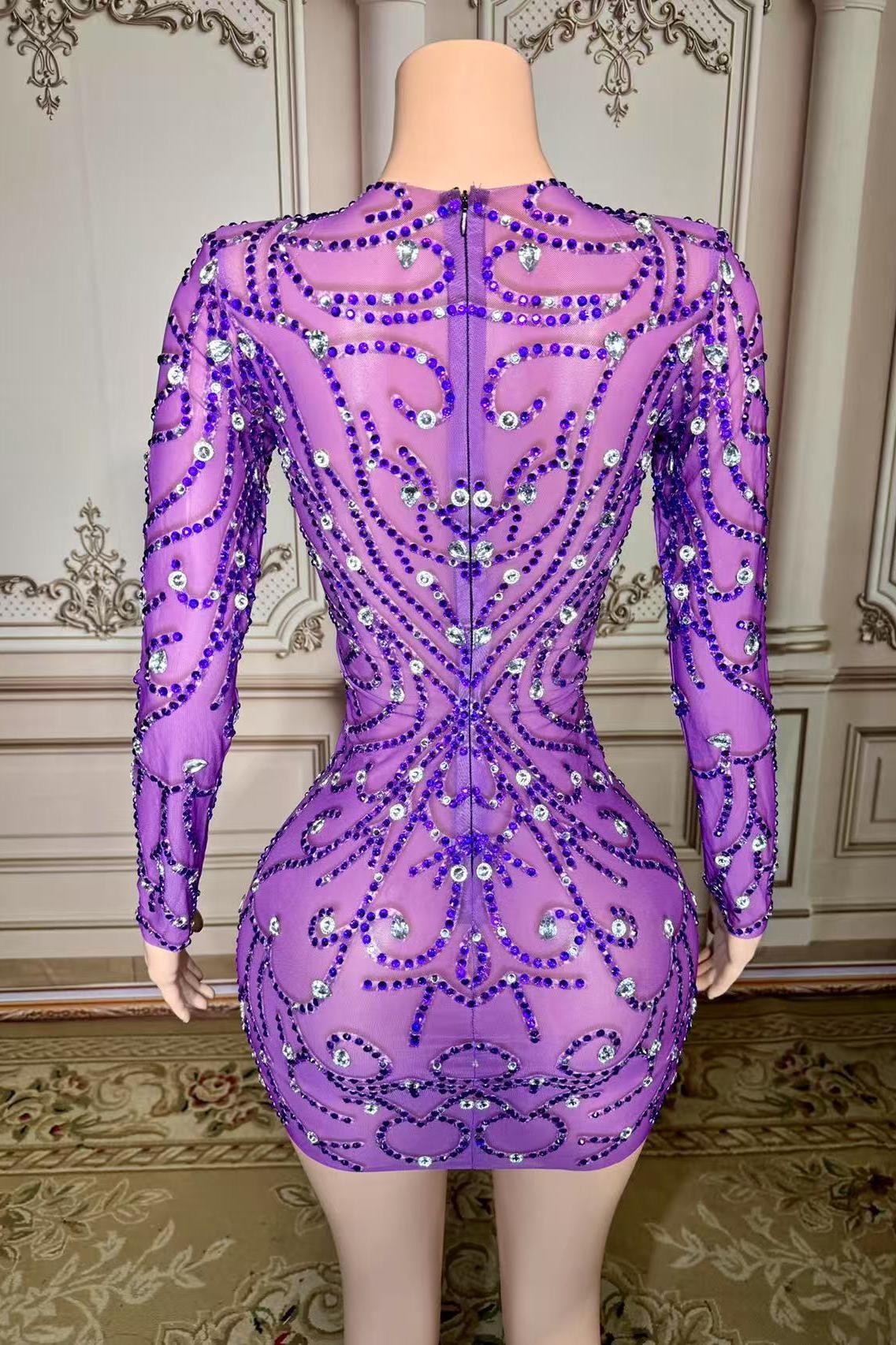 Purple Short Long Sleeve Mermaid V-neck Tulle Prom Dress with Rhinestones Yesbabyonline