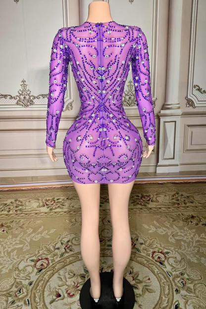 Purple Short Long Sleeve Mermaid V-neck Tulle Prom Dress with Rhinestones Yesbabyonline 
