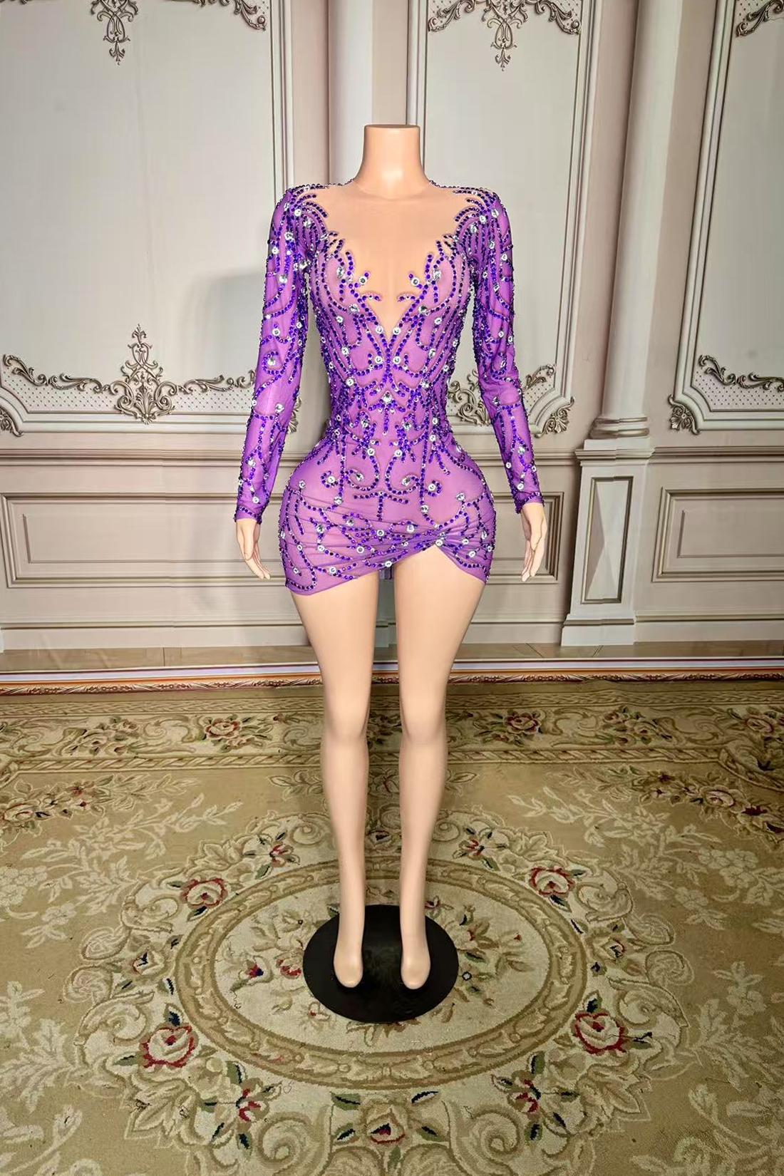 Purple Short Long Sleeve Mermaid V-neck Tulle Prom Dress with Rhinestones Yesbabyonline 