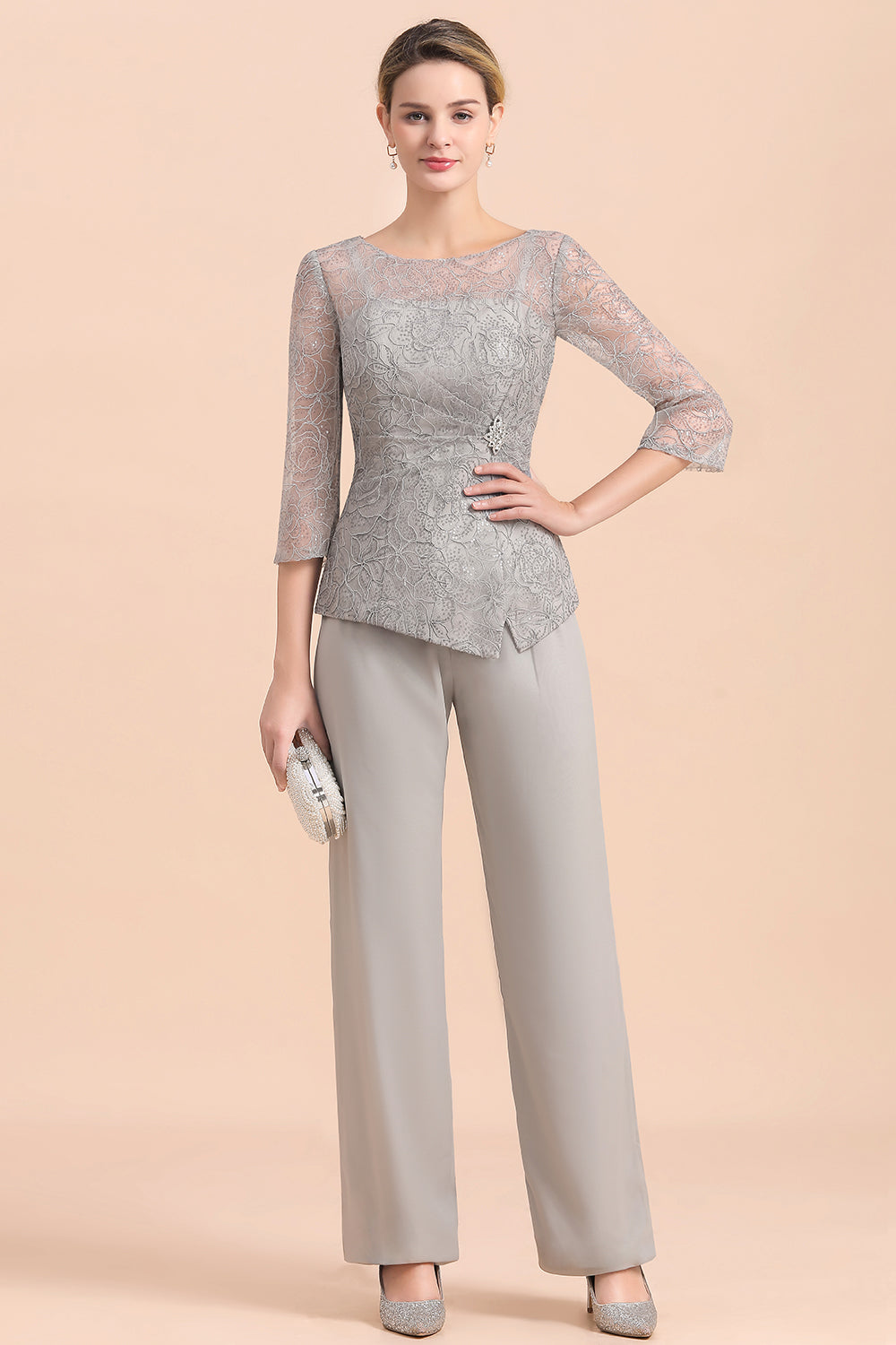 Long Sleeve Crew Neck Mother Of The Bride Dress Chiffon Jumpsuit Yesbabyonline