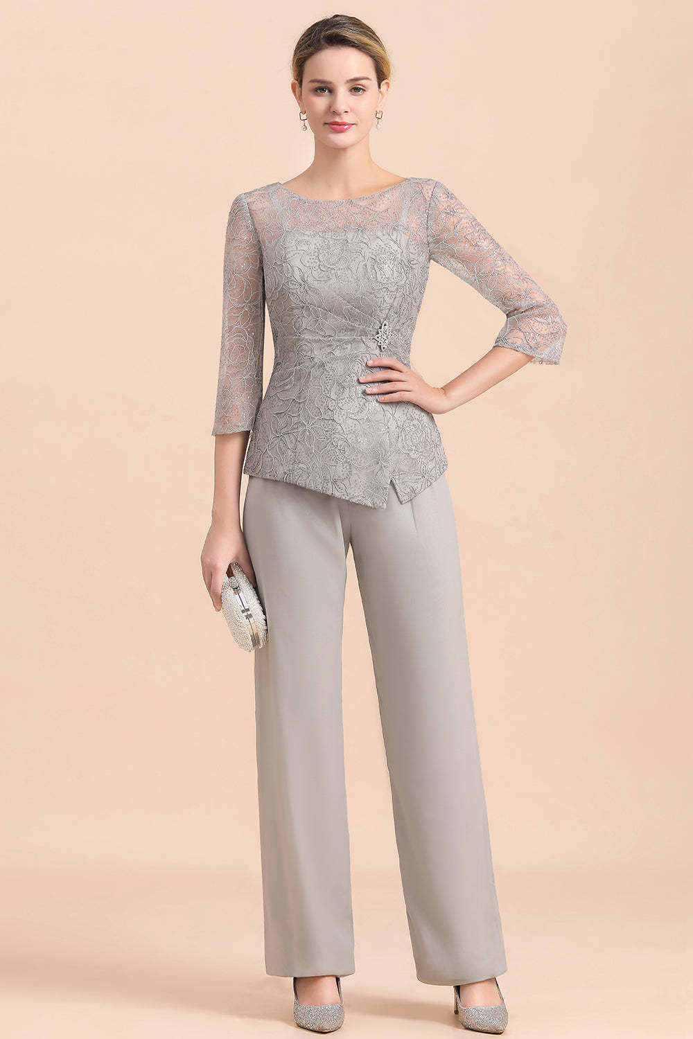 Long Sleeve Crew Neck Mother Of The Bride Dress Chiffon Jumpsuit Yesbabyonline