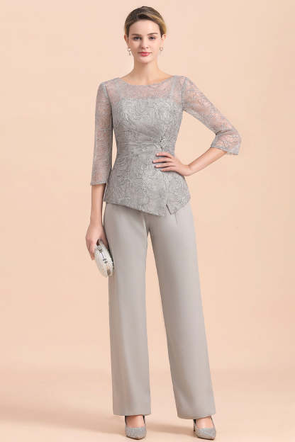 Long Sleeve Crew Neck Mother Of The Bride Dress Chiffon Jumpsuit Yesbabyonline