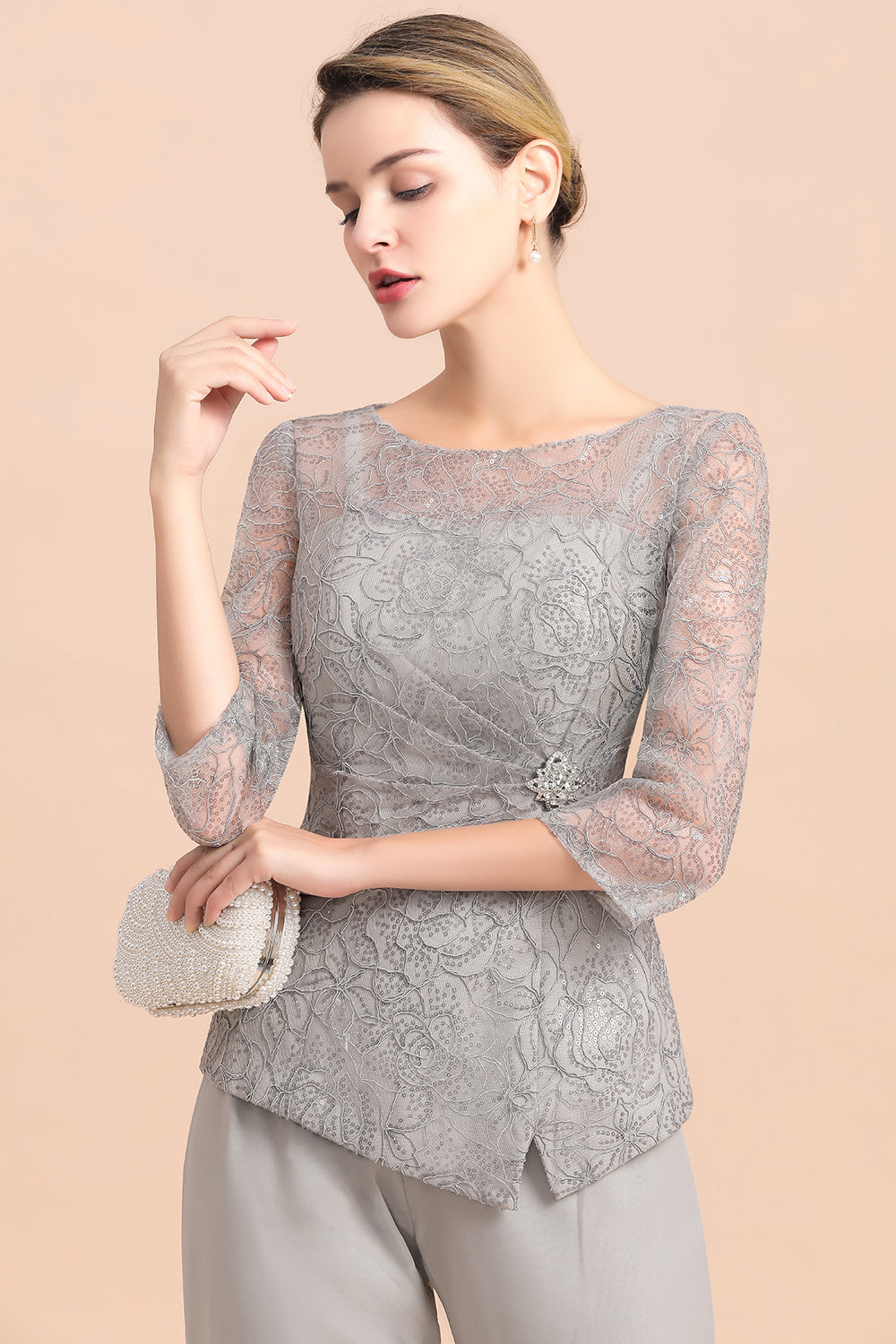 Long Sleeve Crew Neck Mother Of The Bride Dress Chiffon Jumpsuit Yesbabyonline