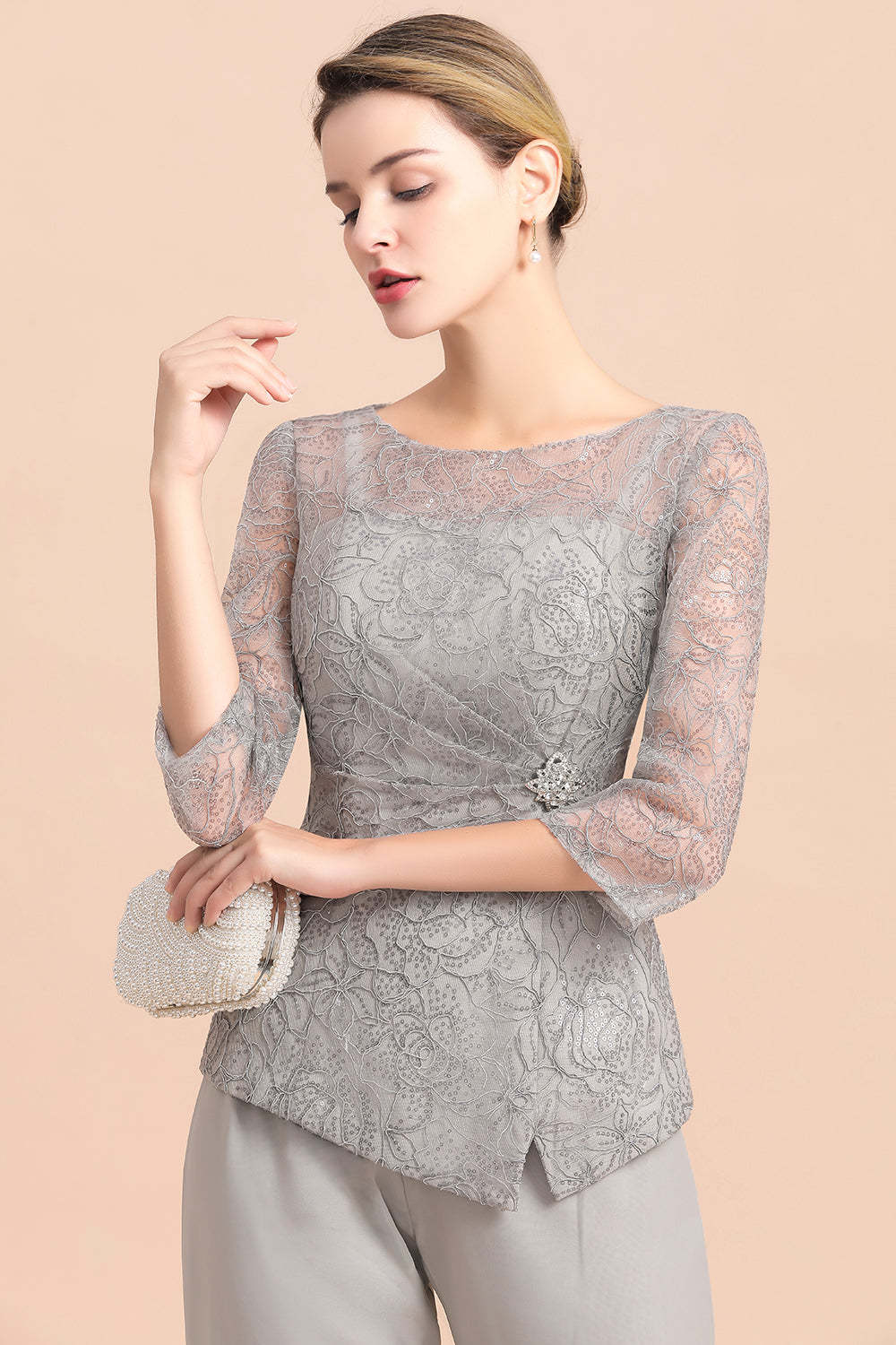 Long Sleeve Crew Neck Mother Of The Bride Dress Chiffon Jumpsuit Yesbabyonline