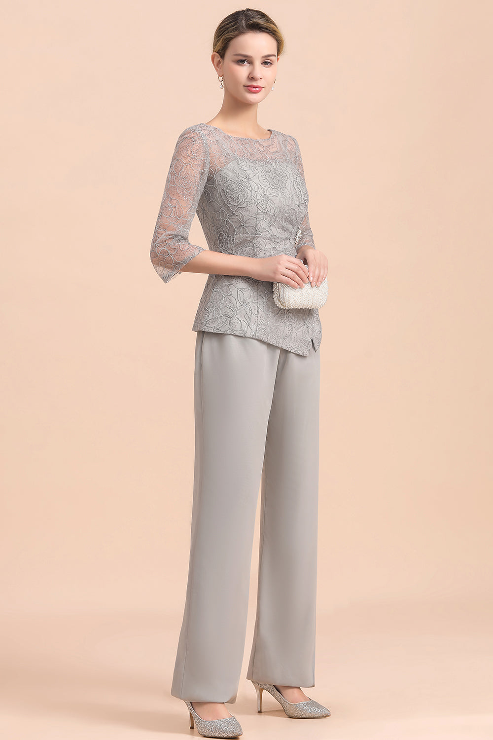 Long Sleeve Crew Neck Mother Of The Bride Dress Chiffon Jumpsuit Yesbabyonline