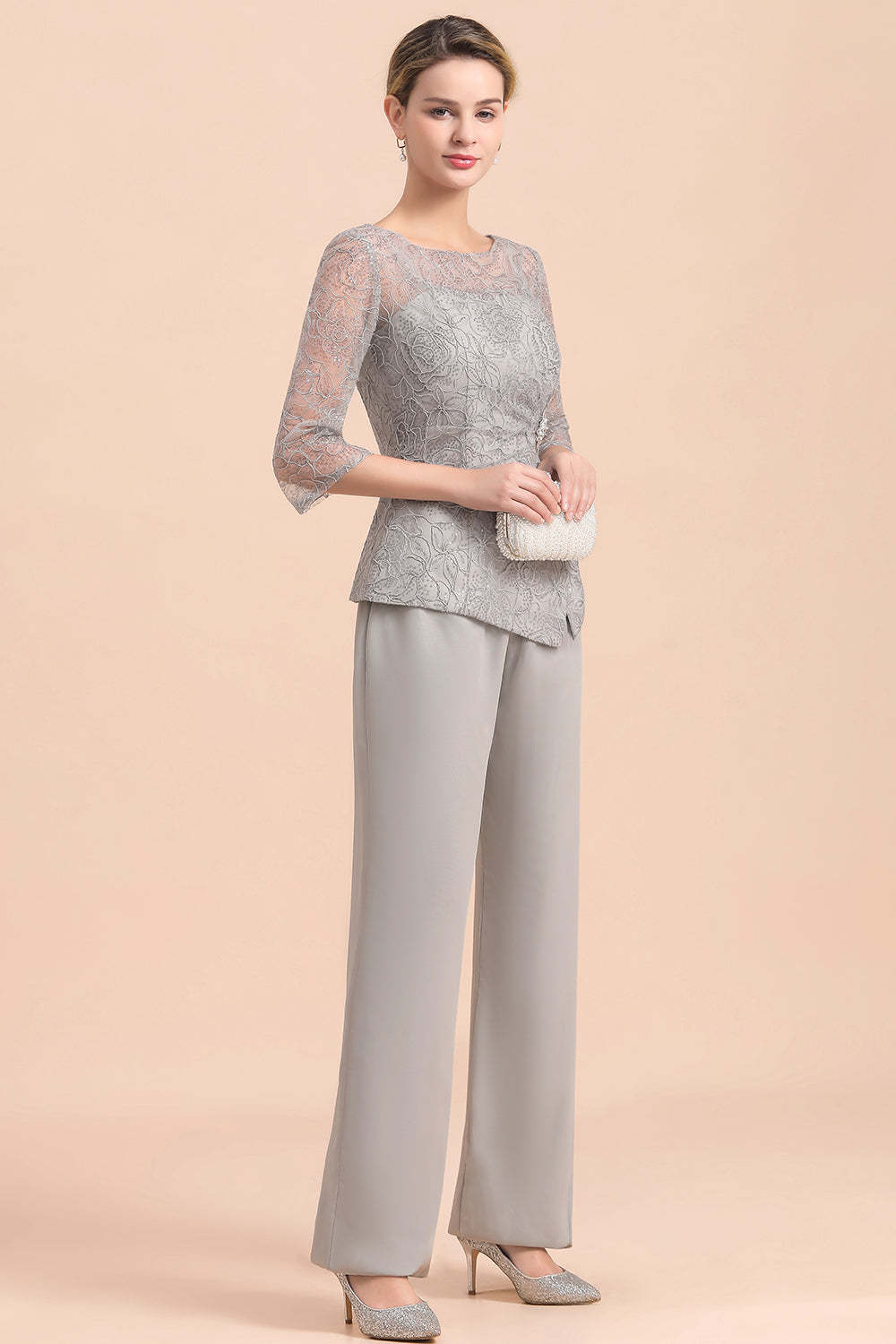 Long Sleeve Crew Neck Mother Of The Bride Dress Chiffon Jumpsuit Yesbabyonline