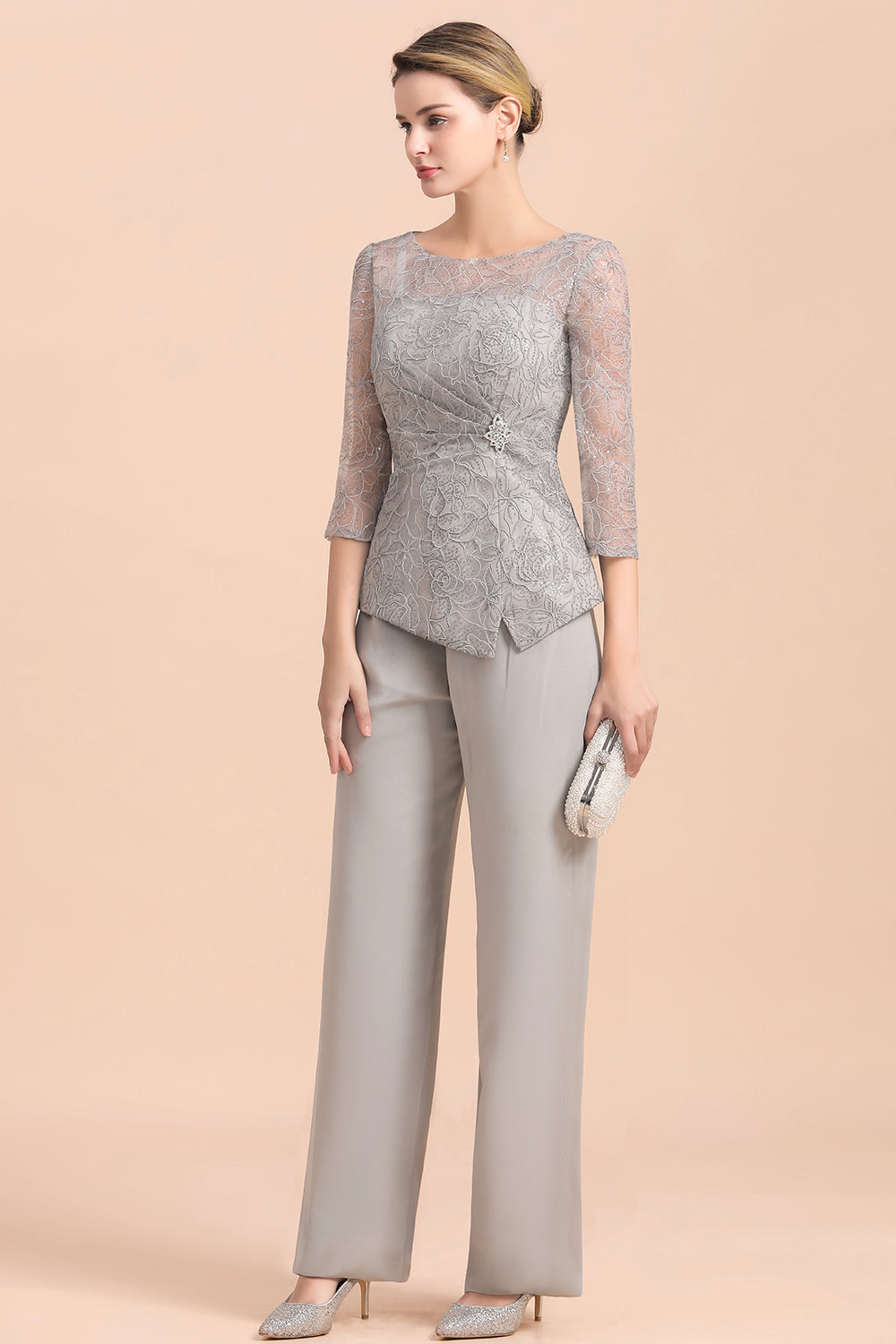 Long Sleeve Crew Neck Mother Of The Bride Dress Chiffon Jumpsuit Yesbabyonline