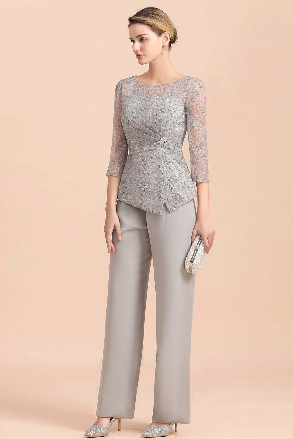 Long Sleeve Crew Neck Mother Of The Bride Dress Chiffon Jumpsuit Yesbabyonline
