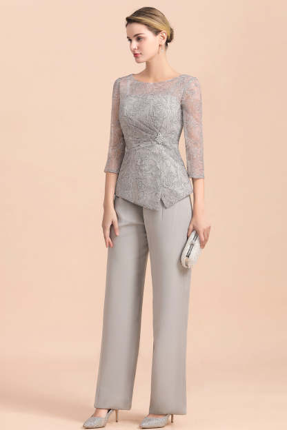 Long Sleeve Crew Neck Mother Of The Bride Dress Chiffon Jumpsuit Yesbabyonline