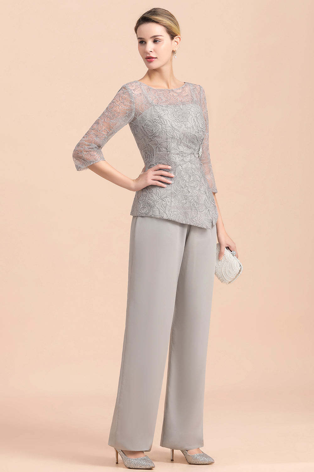 Long Sleeve Crew Neck Mother Of The Bride Dress Chiffon Jumpsuit Yesbabyonline