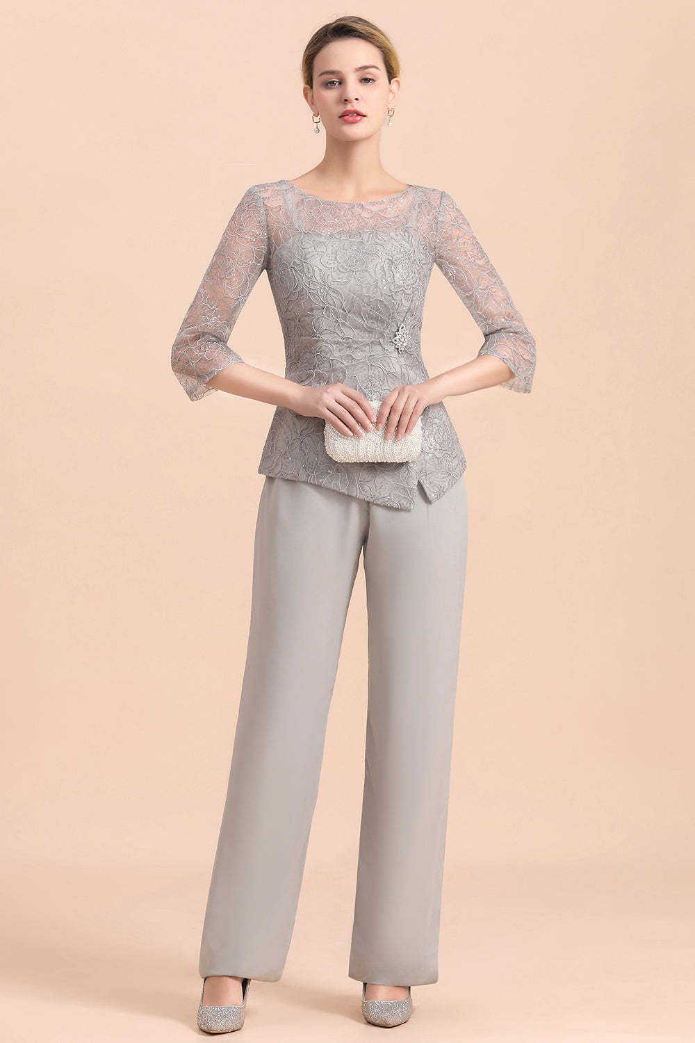 Long Sleeve Crew Neck Mother Of The Bride Dress Chiffon Jumpsuit Yesbabyonline