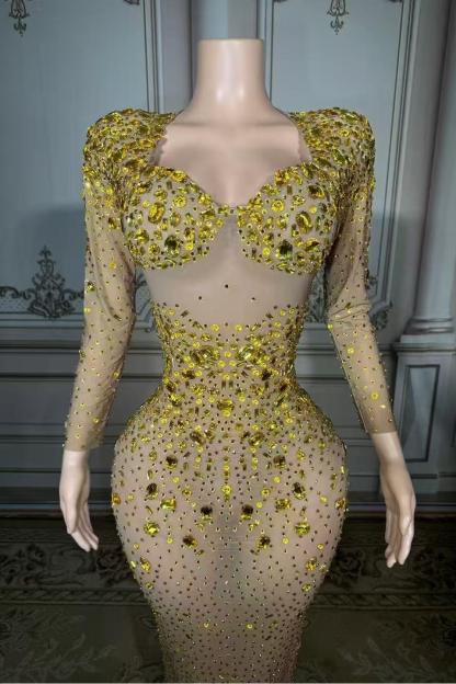 Rhinestones Tulle Long Sleeve Sweetheart Floor-Length Prom Dress Yesbabyonline