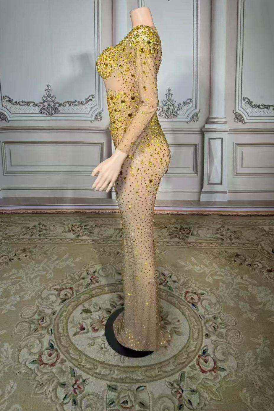 Rhinestones Tulle Long Sleeve Sweetheart Floor-Length Prom Dress Yesbabyonline