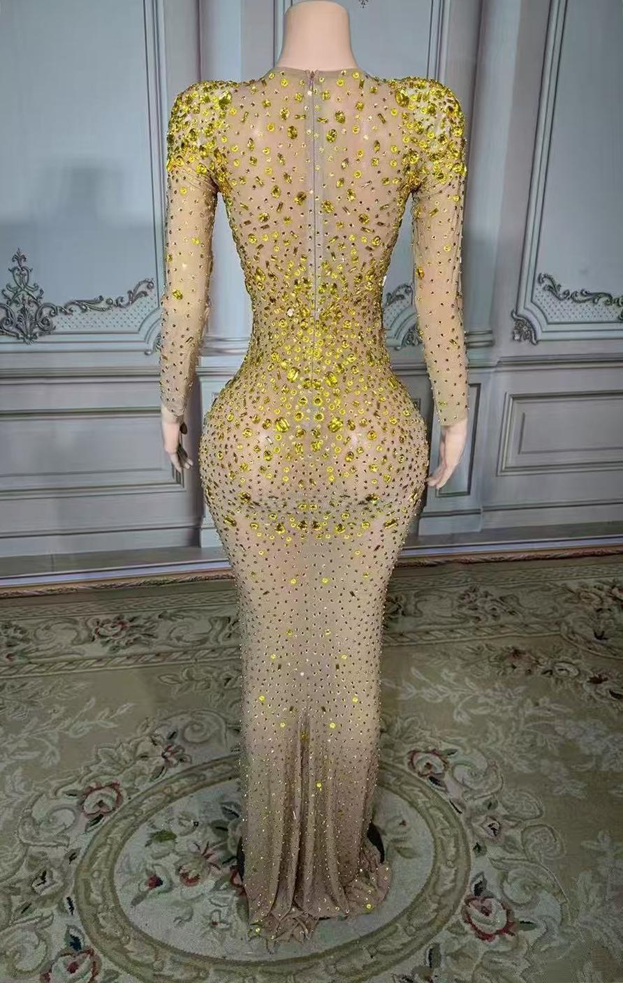 Rhinestones Tulle Long Sleeve Sweetheart Floor-Length Prom Dress Yesbabyonline