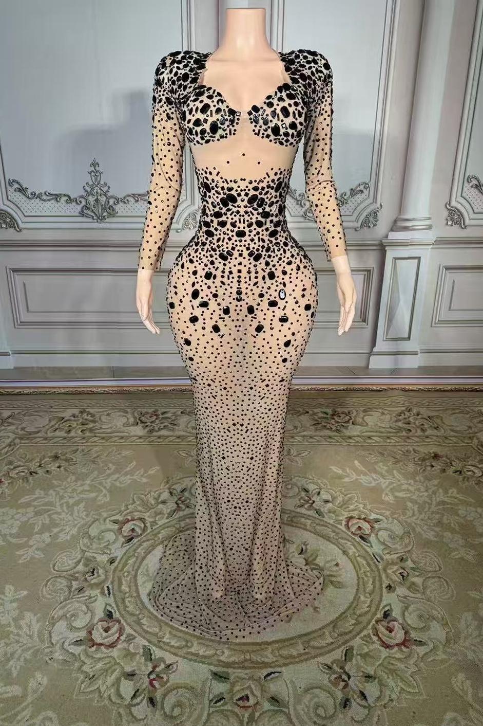 Rhinestones Tulle Long Sleeve Sweetheart Floor-Length Prom Dress Yesbabyonline