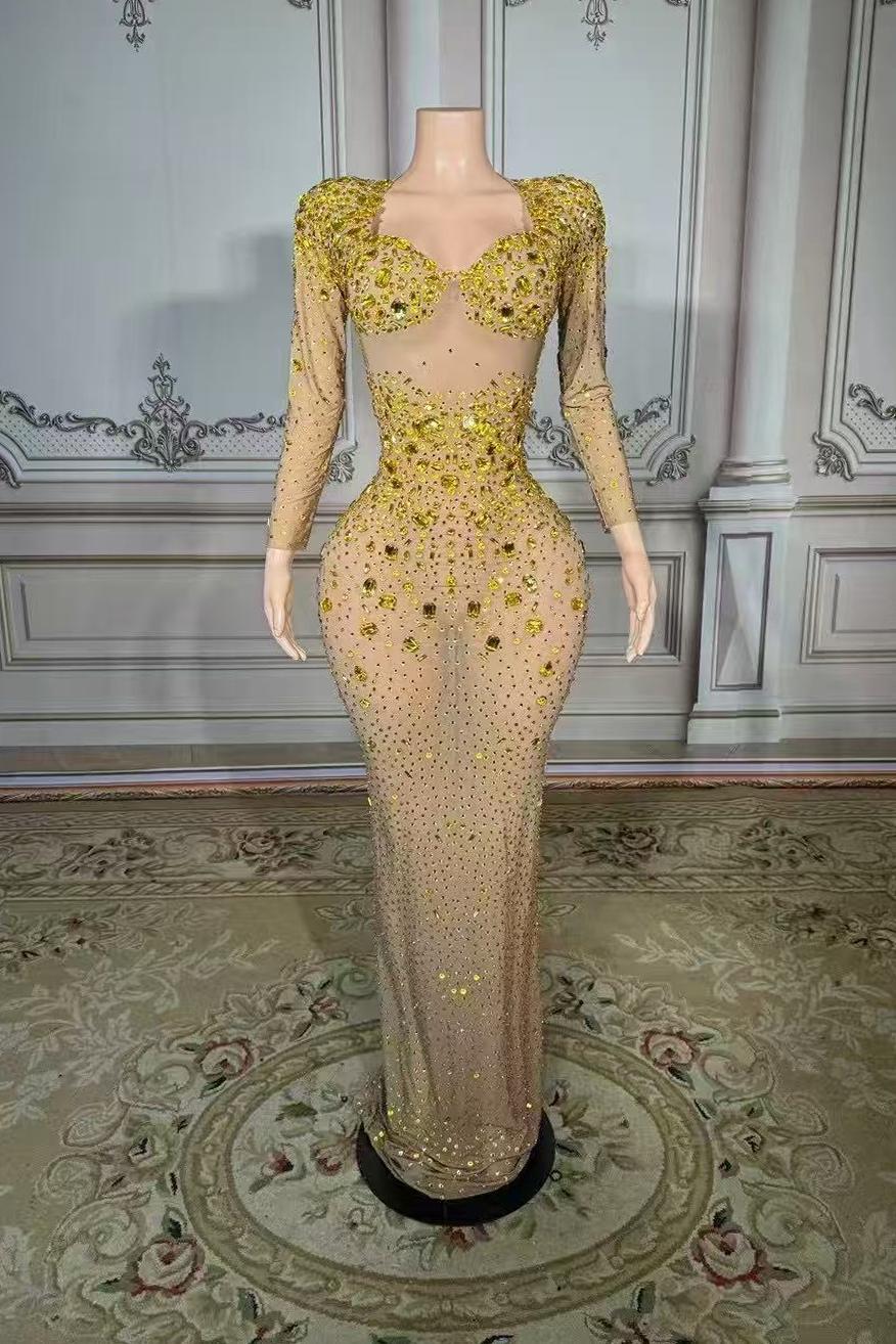 Rhinestones Tulle Long Sleeve Sweetheart Floor-Length Prom Dress Yesbabyonline