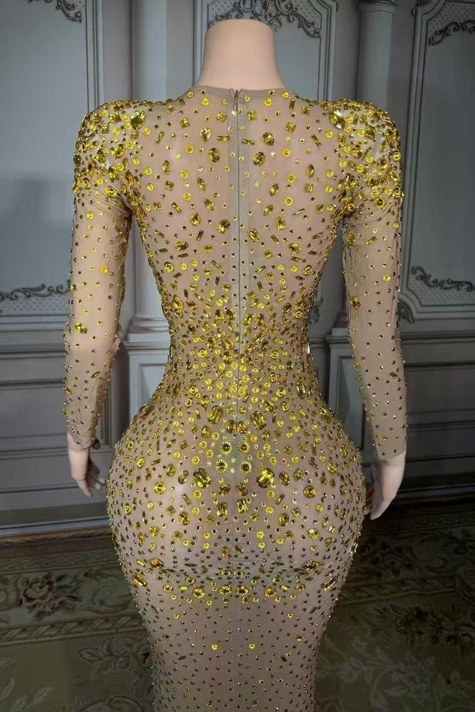 Rhinestones Tulle Long Sleeve Sweetheart Floor-Length Prom Dress Yesbabyonline