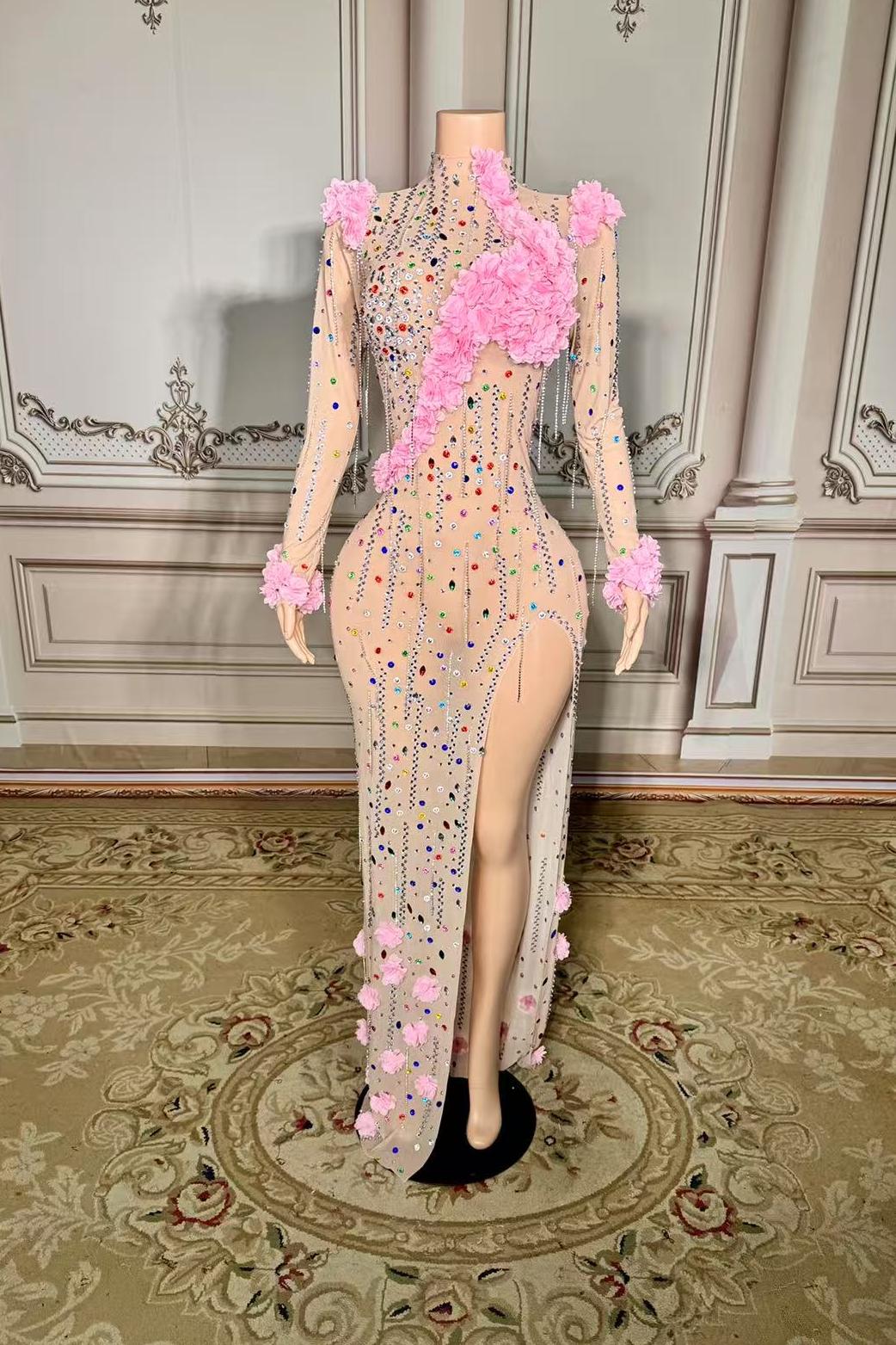 Flower Long Sleeve Tulle Side Slit Rhinestones Prom Dress Yesbabyonline 