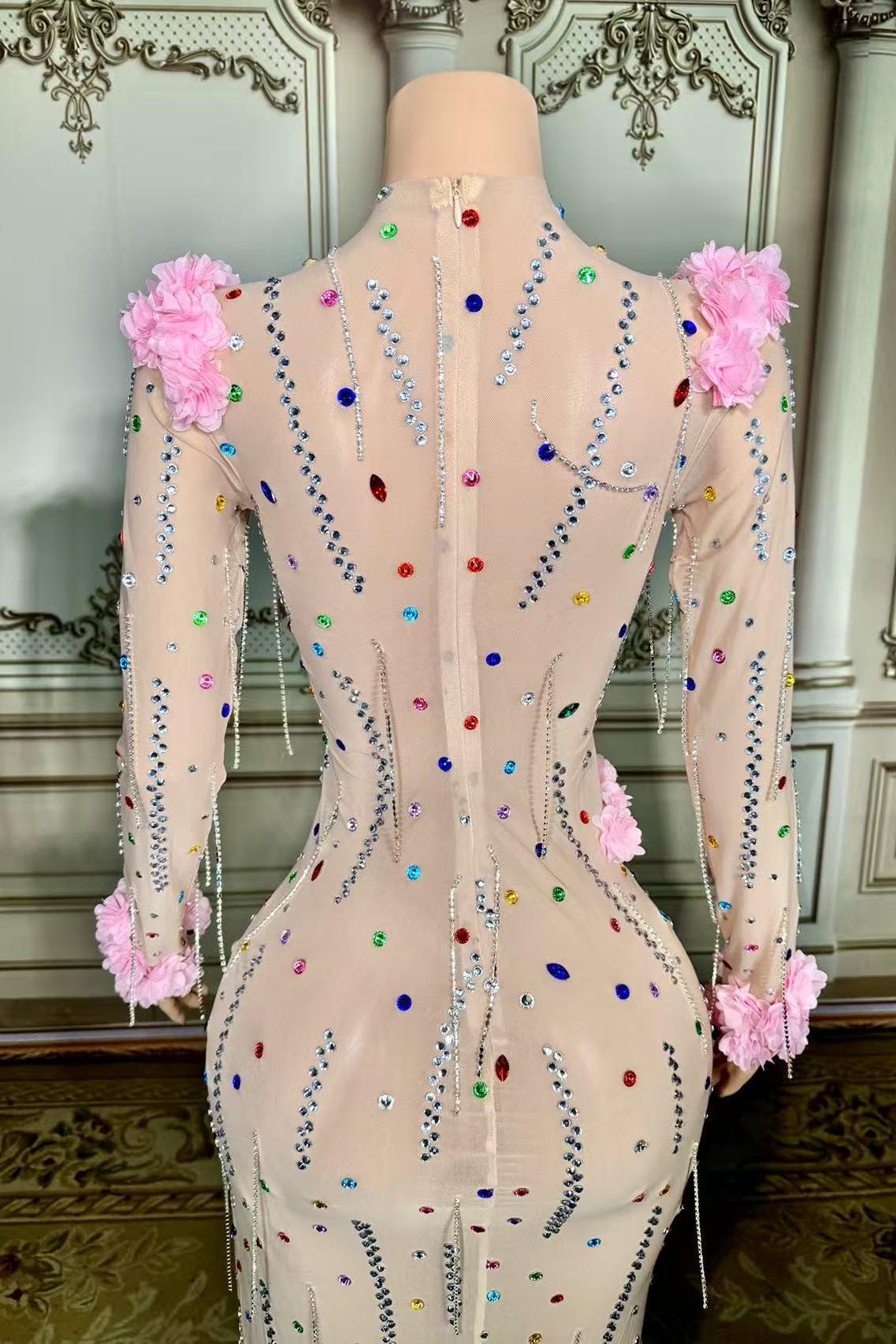 Flower Long Sleeve Tulle Side Slit Rhinestones Prom Dress Yesbabyonline