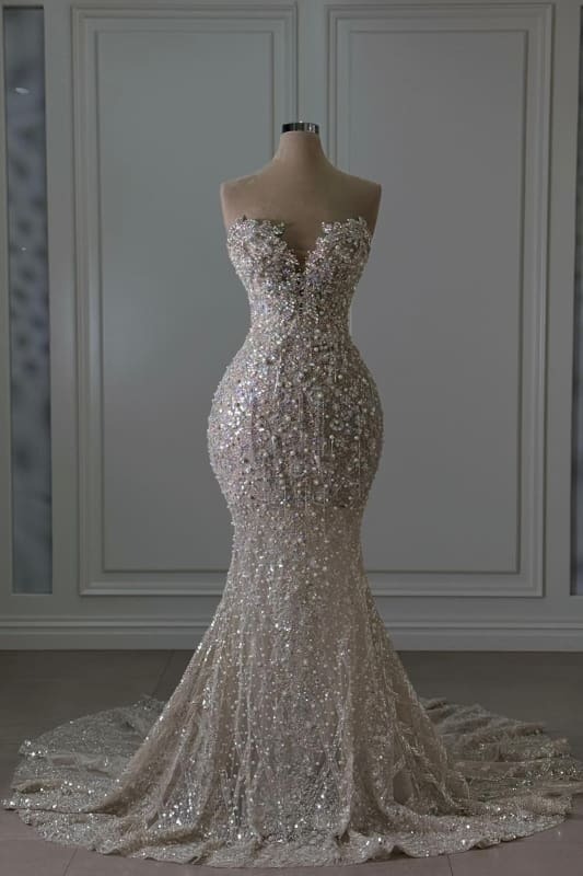 Luxury Long Sweetheart Beaded Mermaid Glitter Wedding Dresses with Train