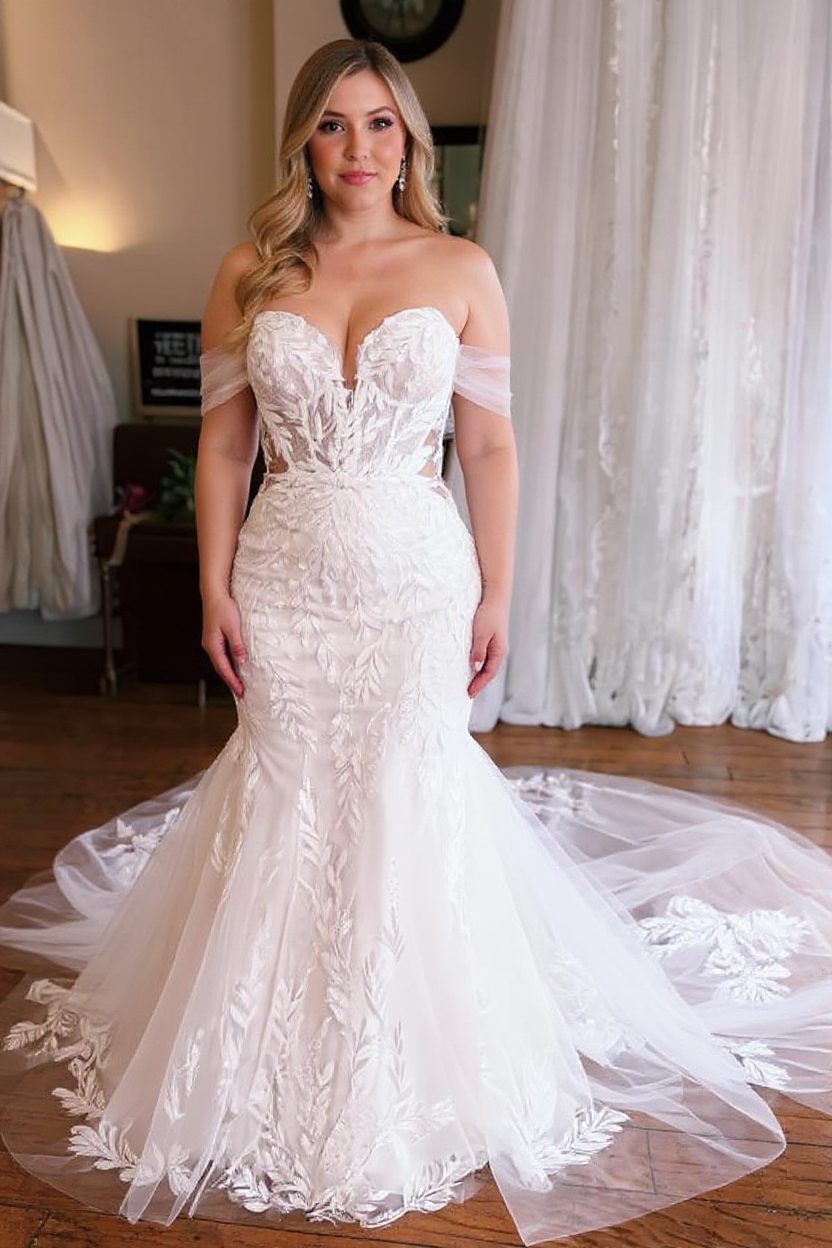 Plus Size Mermaid Off-the-Shoulder Sweetheart Tulle Lace Long Wedding Dress with Appliques