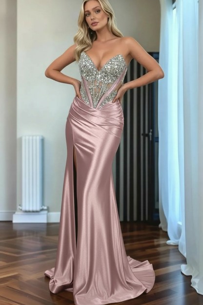 Mermaid Sweep Train Sweetheart Strapless Long Satin Prom Dress With Rhinestones