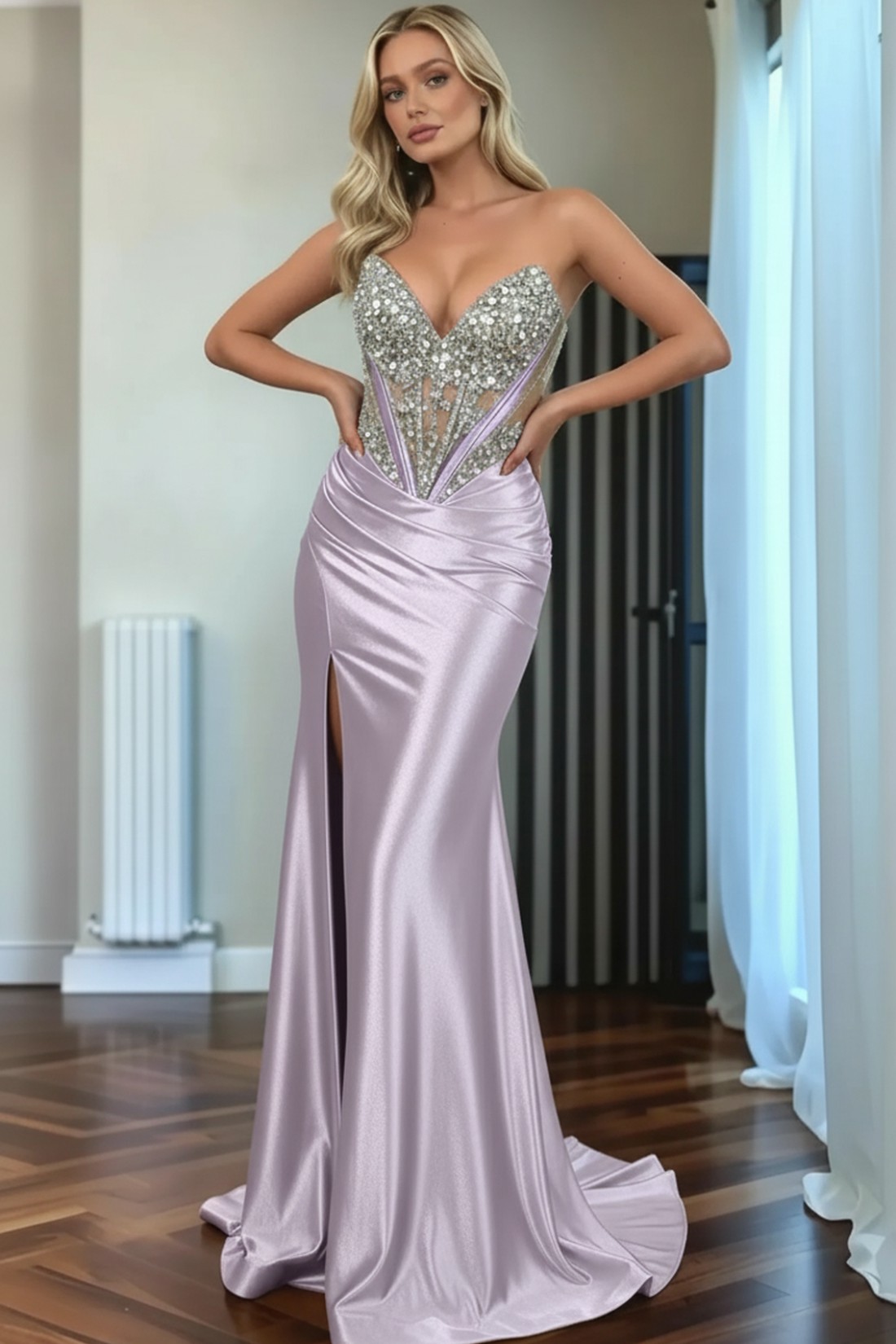 Mermaid Sweep Train Sweetheart Strapless Long Satin Prom Dress With Rhinestones
