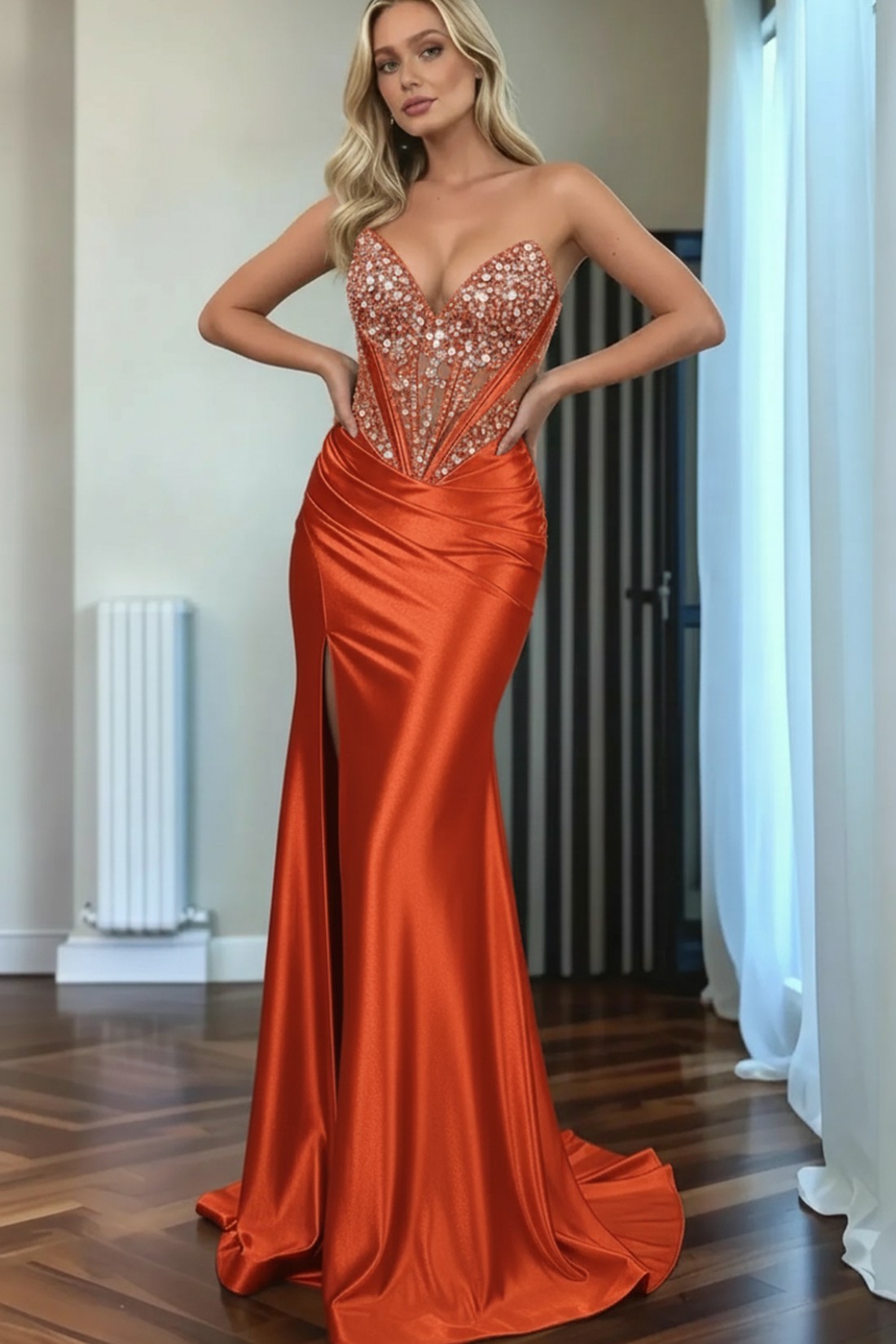 Mermaid Sweep Train Sweetheart Strapless Long Satin Prom Dress With Rhinestones