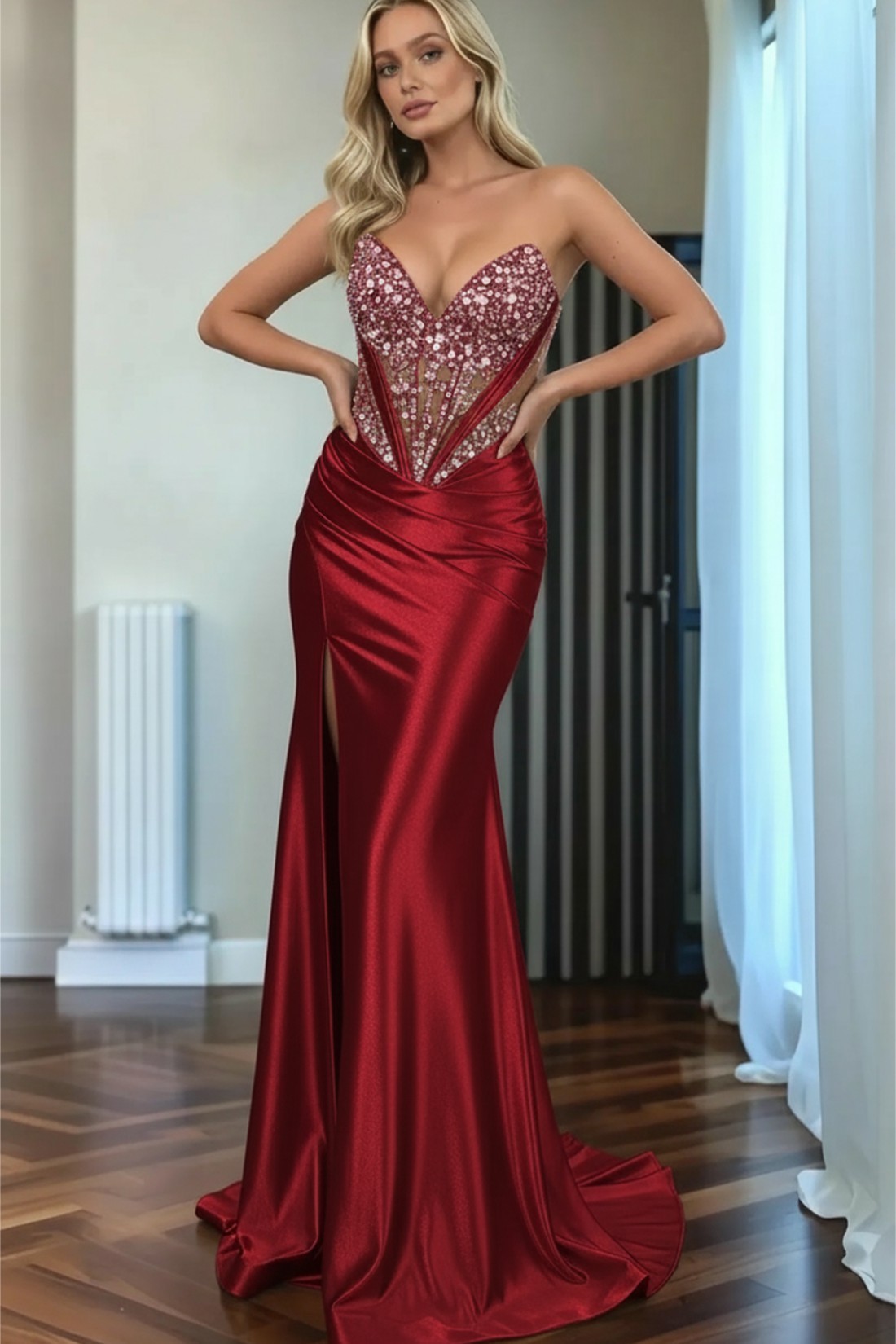 Mermaid Sweep Train Sweetheart Strapless Long Satin Prom Dress With Rhinestones