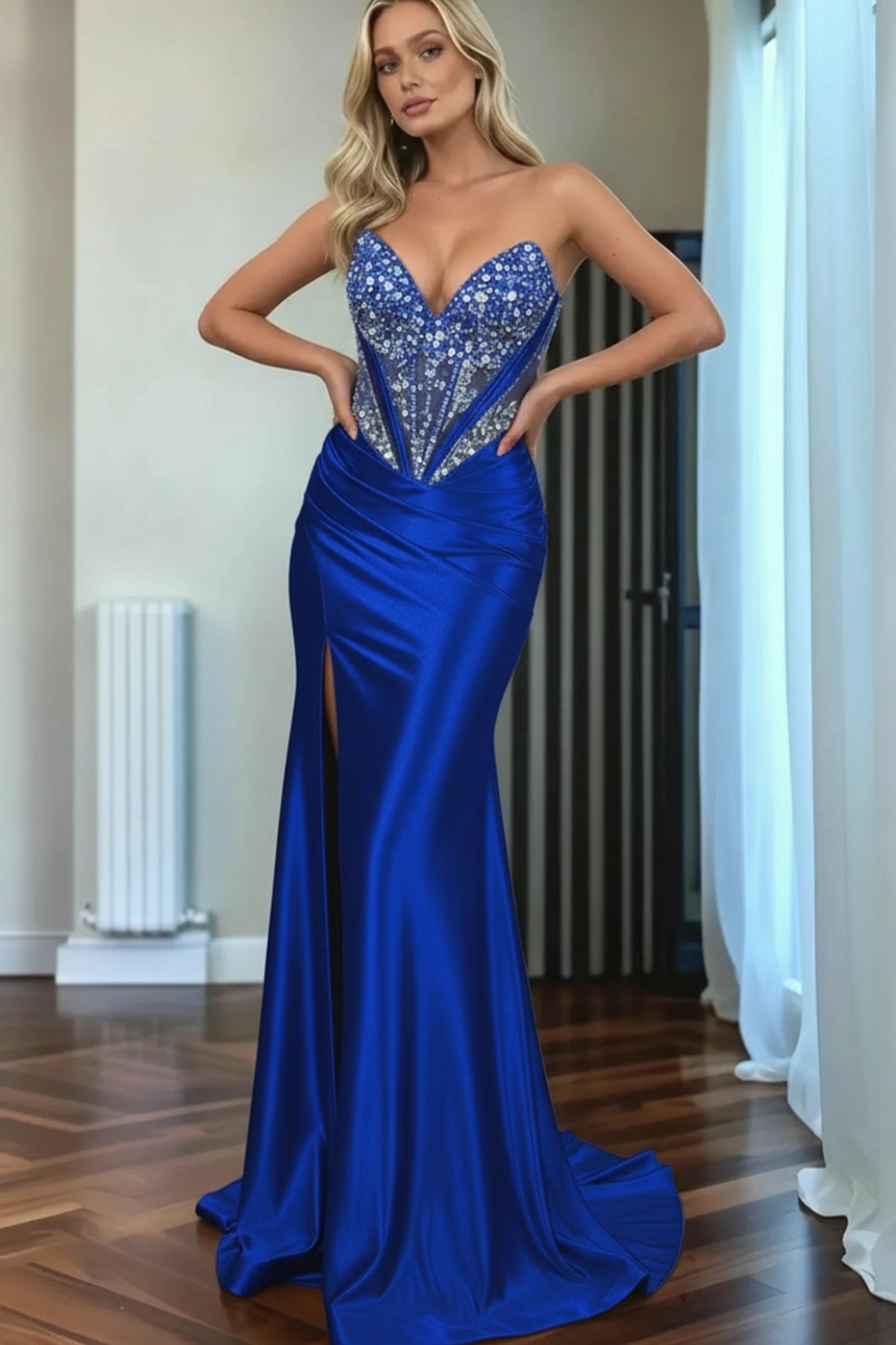 Mermaid Sweep Train Sweetheart Strapless Long Satin Prom Dress With Rhinestones