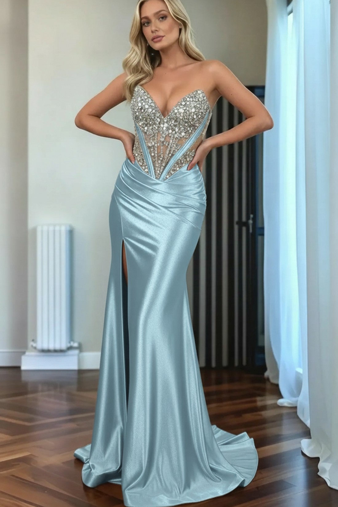 Mermaid Sweep Train Sweetheart Strapless Long Satin Prom Dress With Rhinestones