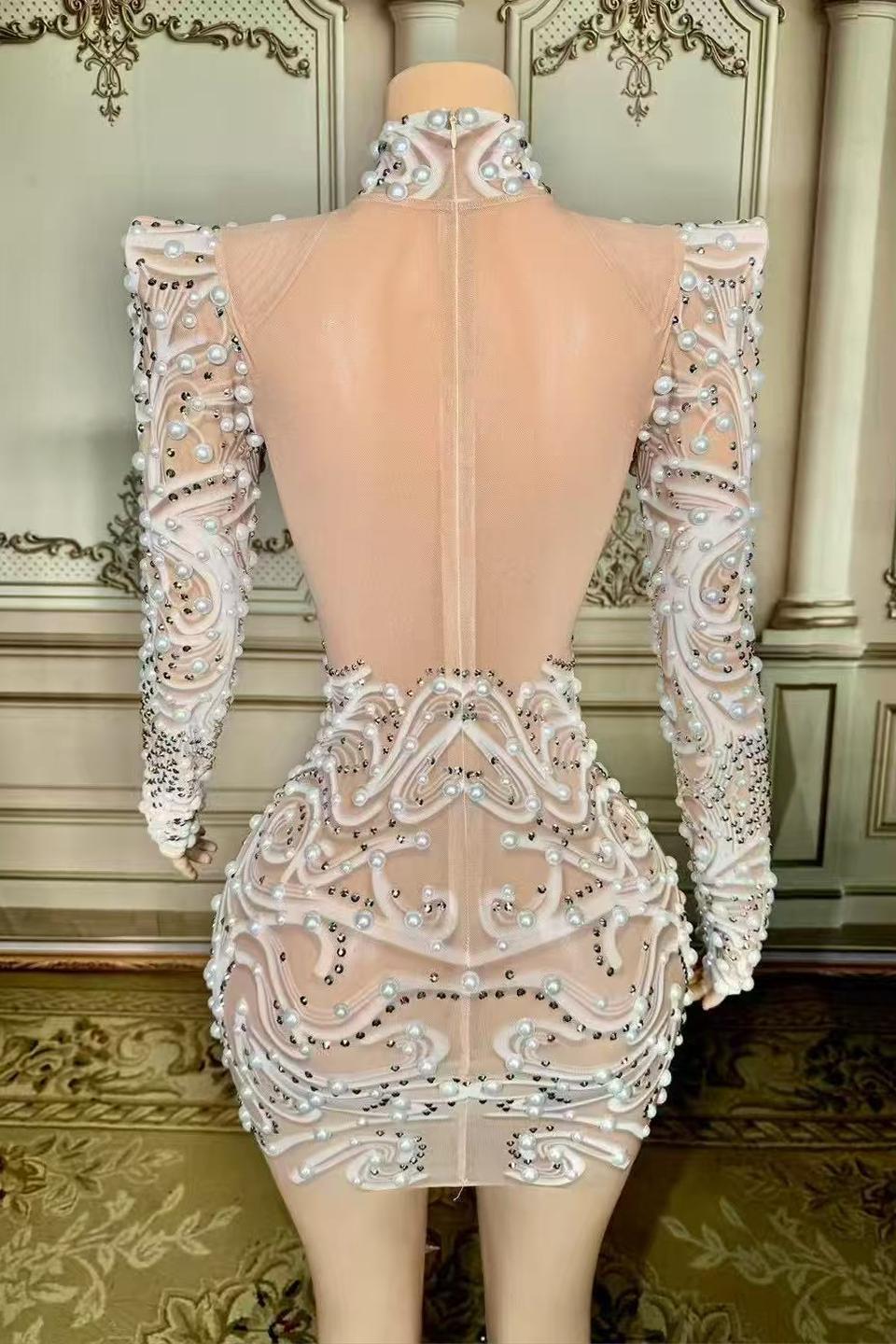 Pearl Short Lace Long Sleeve Sexy Prom Dress with Rhinestones Yesbabyonline