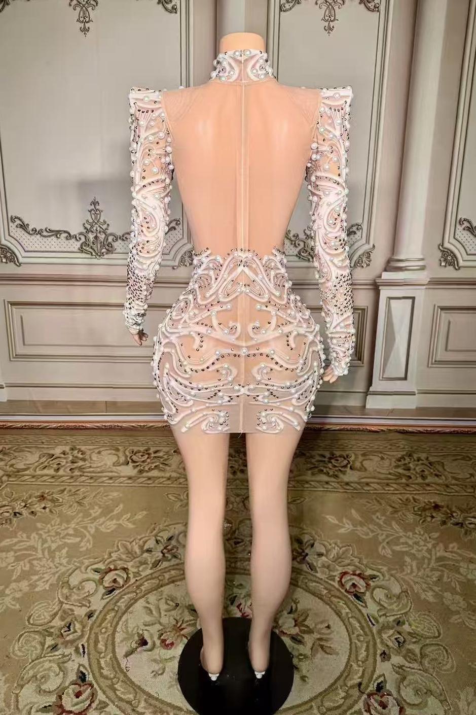 Pearl Short Lace Long Sleeve Sexy Prom Dress with Rhinestones Yesbabyonline