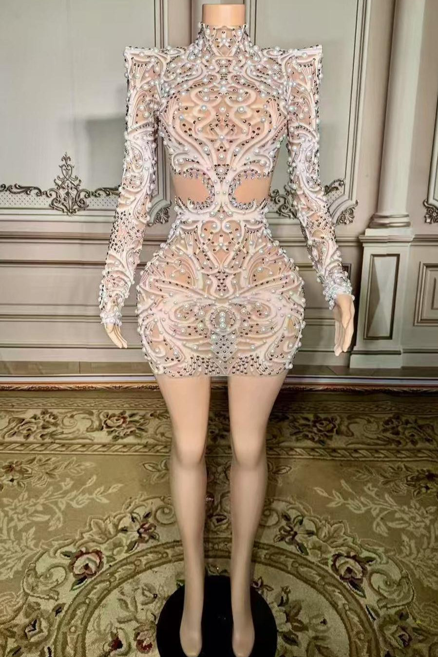 Pearl Short Lace Long Sleeve Sexy Prom Dress with Rhinestones Yesbabyonline 