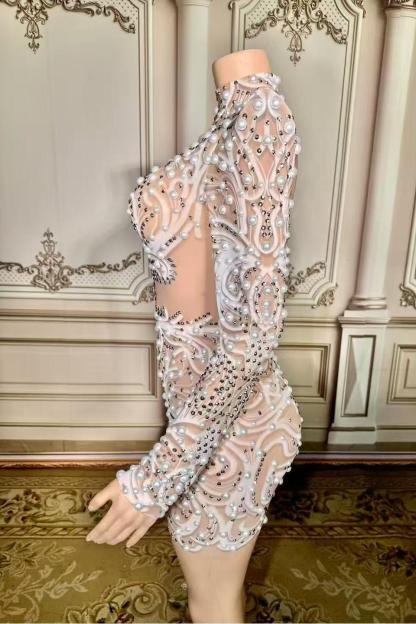 Pearl Short Lace Long Sleeve Sexy Prom Dress with Rhinestones Yesbabyonline 