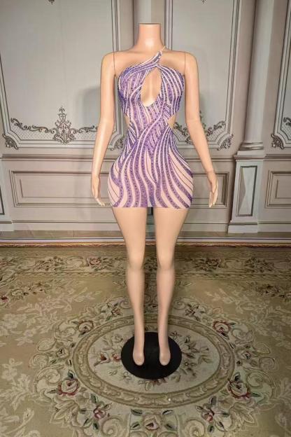 Short One-Shoulder Purple Tulle Zipper Rhinestones Prom Dress Yesbabyonline 
