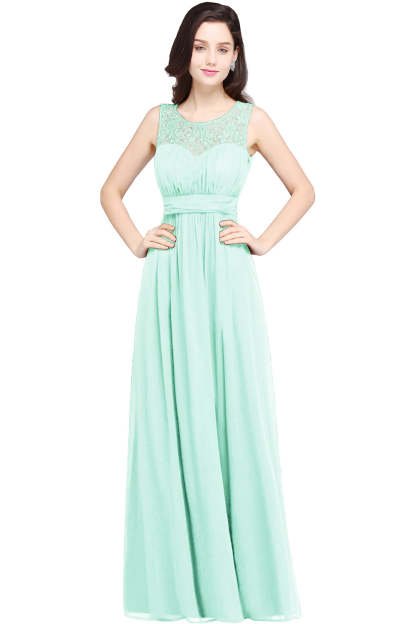 Long A Line Round Neck Chiffon Floor Length Formal Dresses - YESBABYONLINE