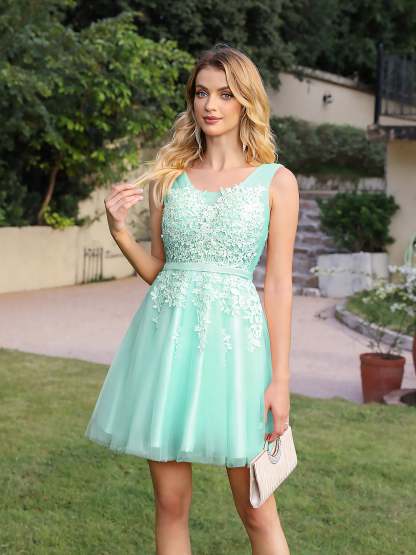 Short A-line Mini Tulle Formal Dress with Lace Appliques - YESBABYONLINE