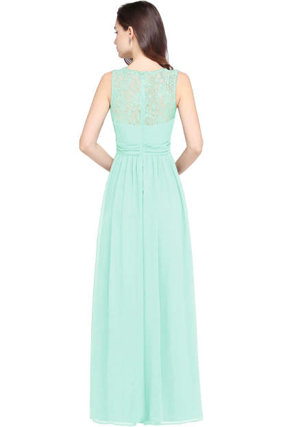 Long A Line Round Neck Chiffon Floor Length Formal Dresses - YESBABYONLINE