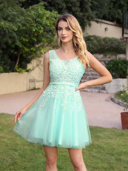 Short A-line Mini Tulle Formal Dress with Lace Appliques - YESBABYONLINE